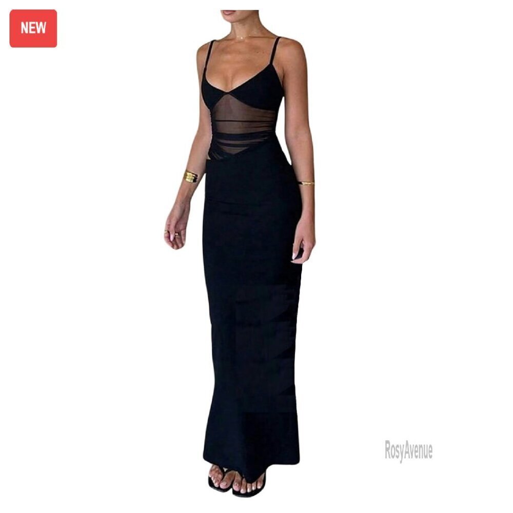 Sheer Mesh Cut Out Maxi Dress V Neck Sleeveless Bodycon Summer